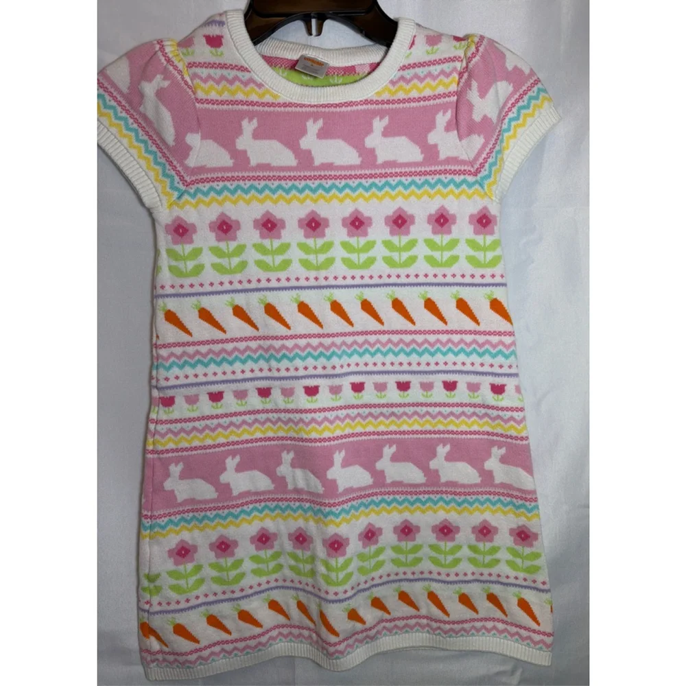 Gymboree Bunny Spring Flower Easter Intarsia Cotton Knit Sweater Dress Sz 8 EUC